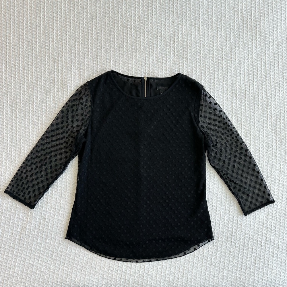 Ann Taylor black polka dot mesh blouse